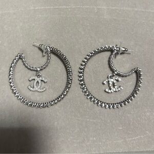 CHANEL Silver Hoop Earrings with CC Logo Charm